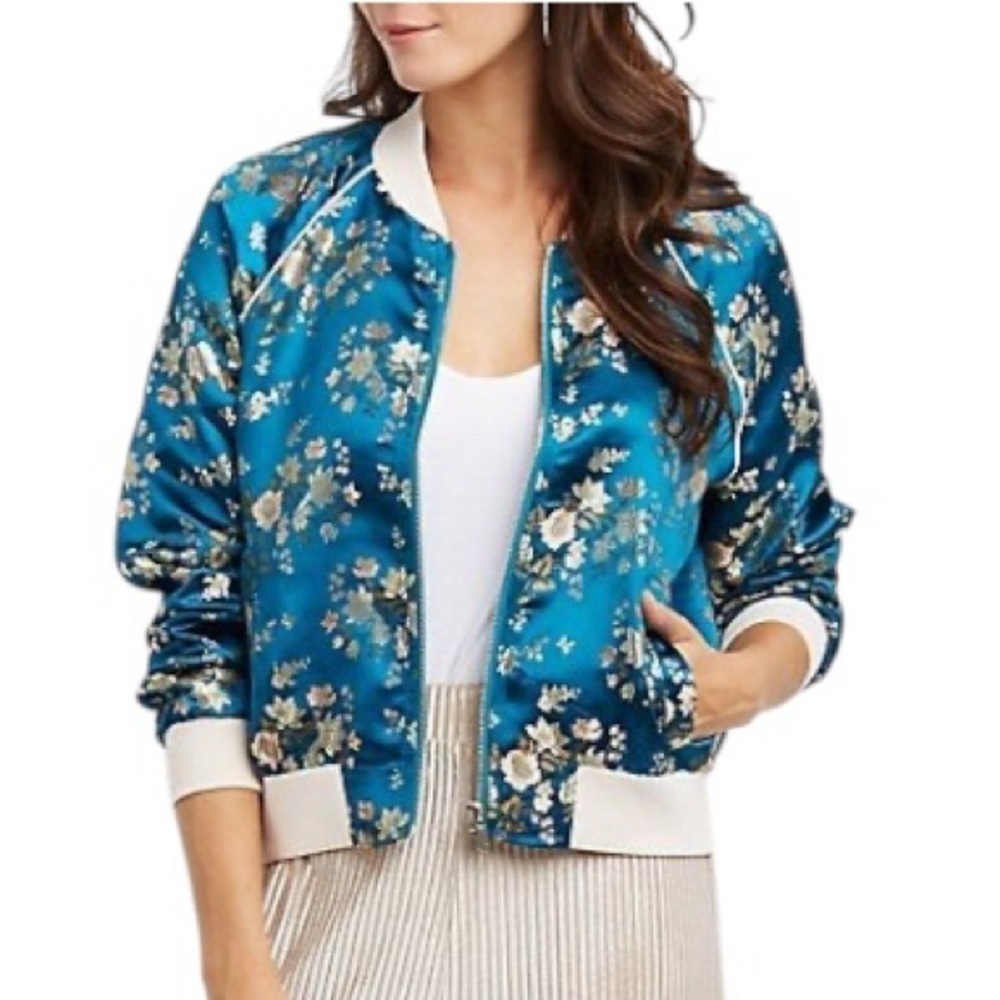 Charlotte Russe Women Y2K Oriental Floral Teal Lightweight Zip Bomber Jacket XL